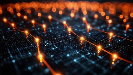 Poster - Network Connections: Abstract digital network with glowing orange nodes and connecting lines, representing data flow and connectivity.