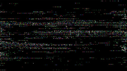 Poster - Abstract video distortion with colorful pixel noise on a black screen. Glitch effect pattern for background design.