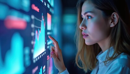 Poster - Woman analyzing data charts on large screen. Financial analyst studies stock market, investment trends. Businesswoman touches digital screen, researches statistics, makes decisions. Modern tech,