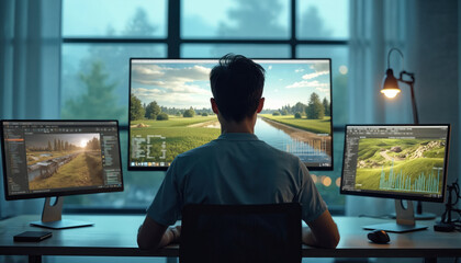 Poster - Specialist engineer monitors digital twin technology for environmental engineering. Man works at computer, software interface, analyzing data, innovation for sustainable construction. Server, coding,