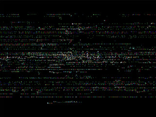 Poster - Colorful vhs video noise glitch vector on black background. Old analog television static distortion graphic element. Abstract bad signal screen effect.