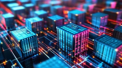 Poster - Cyberpunk Block Network: A cyberpunk cityscape of glowing blocks interconnected by a complex network of vibrant lines.