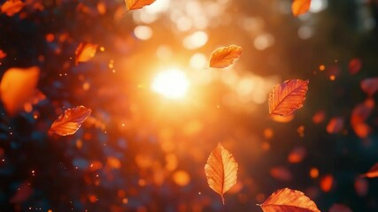 Poster - Autumnal Golden Hour: The radiant sun casts a warm, golden glow over the scene as vibrant leaves cascade gently, perfectly encapsulating the essence of autumn's fleeting beauty.