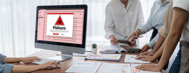 Aufkleber - Cyber attacking concept. Malware alert showing on computer screen display scam and threat detection on computer system or online server to be removed brisk.