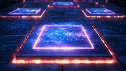 Aufkleber - Illuminated Digital Network: a futuristic abstract, showcasing a grid of interconnected glowing square platforms, bathed in vibrant blue and orange light. the image evokes innovation, technology.