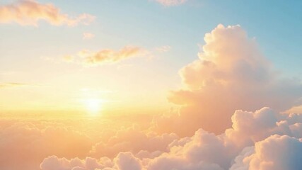 Poster - Celestial Canvas: A breathtaking scene unfolds as the sun ascends, painting the sky with gentle hues of peach, gold, and cerulean. fluffy clouds form the foreground, creating depth and wonder.