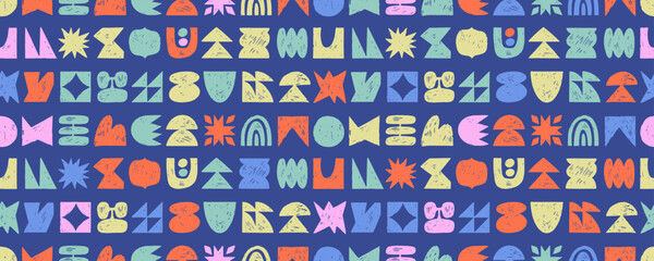 Poster - Colorful funky seamless pattern with geometric playful shapes. Naive kid figures background. Crayon drawn colorful shapes