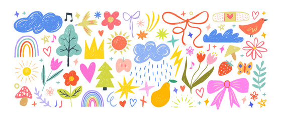 Poster - Crayon drawn kid doodle collection. Colorful childish elements like clouds, flowers, bows, rainbows and sun. Adorable girly doodle collection. Naive vector illustrations. Crayon drawn kid drawings.