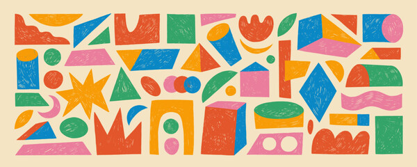 Poster - Retro colored crayon drawn isometric geometric shapes. Playful funky childish figures with pencil texture. 3d isometric geometric shapes. Set of basic figures: cube, pyramid, cylinder, star.