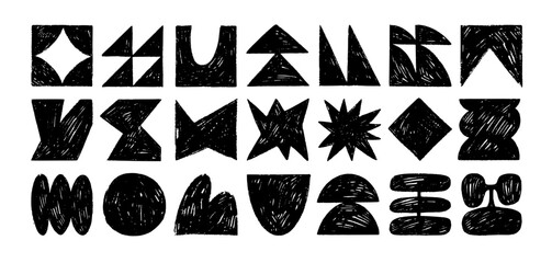 Poster - Crayon drawn brutal geometric shapes and forms. Abstract geometric graphic elements with pencil texture. Vector y2k symbols, naive charcoal figures. Trendy stickers. Swiss design aesthetic.