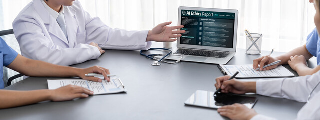 Poster - AI ethics responsibility standard law and rules on computer screen provide report of AI ethic transparency preventing technology crime. brisk