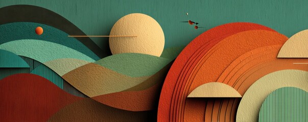 Poster - Abstract textured landscape with sun and layered hills in warm tones