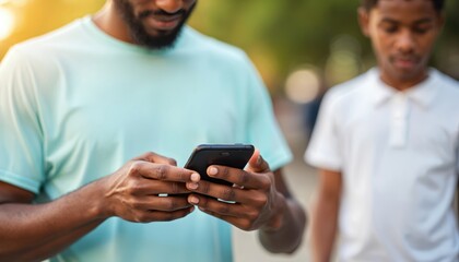 Young African American man uses smartphone outdoors. Looks at photos, videos, connecting with social network in urban environment. Bearded guy wearing light blue t-shirt. Modern tech lifestyle,