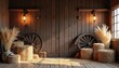 © Viktor - Rustic western barn interior with vintage decor. Wooden walls, wooden wheels, pampas grass create cowboy vibe. Lanterns, hay bales, antique mood. Suitable for background, wallpaper, poster,