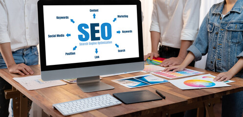 Aufkleber - SEO search engine optimization for brisk e-commerce and online retail business showing on computer screen