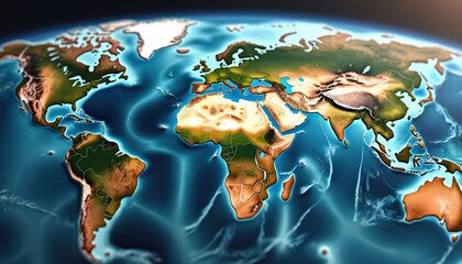 Poster - World map flat view from space. Global physical map on satellite photo. Focuses on continents, oceans. Earth planet illustration. Geography design, travel, business, education. Digital technology.