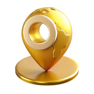 3d golden globe location pin isolated on transparent background