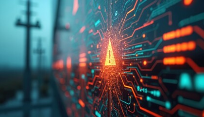 Poster - Close-up of digital interface shows cyber-attack attempt on electrical grid. Warning alert symbol flashes with data flowing, cyber security risk. Power outage threat with power lines tech background.