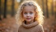 © Viktor - Portrait of beautiful little girl with blond curly hair. Smiling child wearing warm knitted sweater in autumn park. Happy kid, joyful face looking at camera. Cute child with big eyes. Concept of
