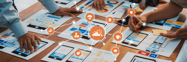 Poster - Collaborative Management Strategy Session with Digital Charts and Data Analysis Concepts Shown on Table for Business Planning and Decision Making. Amity