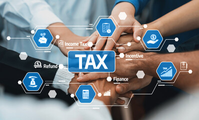Poster - This image captures a collaborative approach to taxation, featuring hands together surrounded by digital icons representing key concepts like income tax, refunds, and finance strategies. Amity