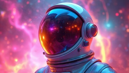 Aufkleber - Astronaut helmet reflects psychedelic burst of colors. Cosmonaut against vibrant cosmic background. Concept image of abstract space, futuristic art, colorful realistic design. Ideal for sci-fi