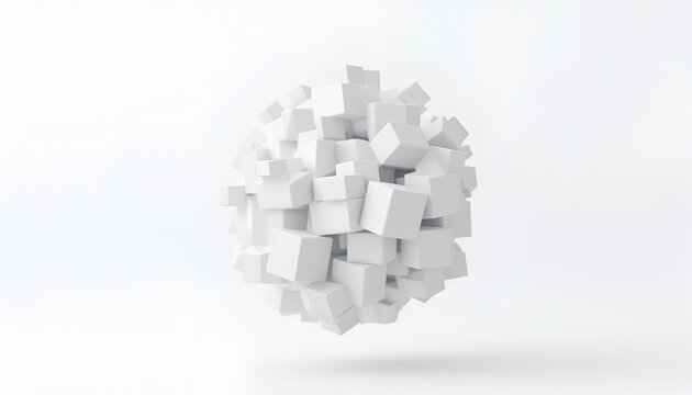 A minimalist design features an abstract sphere formed from interconnected white cubes against a clean, white background.