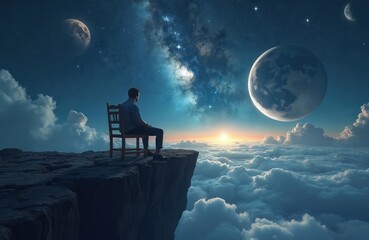Wall Mural - Man sits chair cliff edge overlooking space, gazing celestial bodies moon, planets, stars, nebula. Conceptual art, dreamlike landscape cosmic exploration, human contemplation of universe, dream