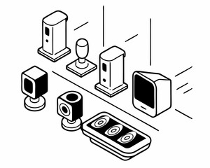 Poster - Isometric illustration of various devices and objects in black and white design suitable for graphic design projects