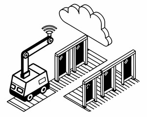 Poster - Modern technological illustration featuring an isometric robot cloud and building concept outline for contemporary digital designs