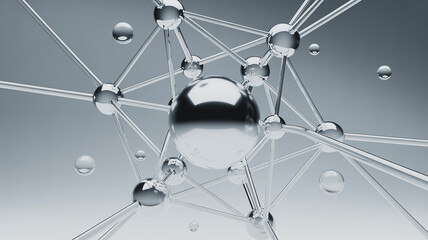 Poster - Network Connection: Abstract image of interconnected spheres representing global communication, networking, and digital technology.