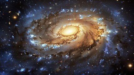 a swirling spiral galaxy glows with golden and blue hues against a backdrop of countless stars, a br
