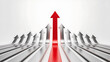 © Izzat - Ascending Arrow: A red arrow pointing upwards stands out among a group of silver arrows, symbolizing leadership, growth, and direction in a minimalist design.
