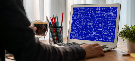 Poster - Mathematic equations and modish formula on computer screen showing concept of science and education