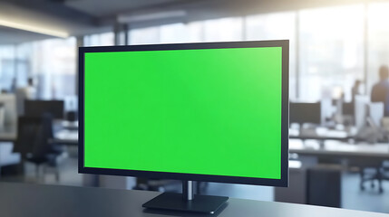 Fototapete - Workplace screen display: Mockup for modern office presentation. Green screen for easy editing. Professional workspace and technology.