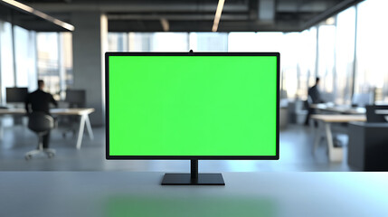 Fototapete - Green screen monitor display in an open office. Mockup template with space for advertisement, presentation or other content.