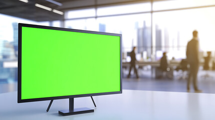 Fototapete - Green Screen Display in Office. Modern workplace monitor, ideal for showcasing content. Workspace Mockup for creative projects. Screen ready for your vision.