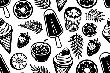 Poster - Black and white summer treats pattern featuring ice cream popsicles strawberries and fruit slices on a white background