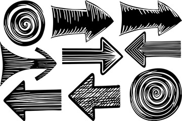 Poster - Set of hand drawn arrows and swirls in black and white vector illustration for direction navigation and design elements