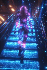 Poster - Cybernetic female figure ascending luminous stairs in futuristic neon ambiance