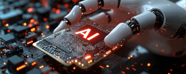 Poster - Robotic Hand Holding a Futuristic AI Chip in a Technology Setting