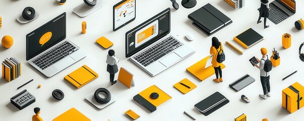 Poster - Isometric illustration showcasing modern technology and interconnected business concepts