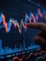 Poster - A closeup of a hand pointing at a vibrant stock market chart on a digital screen, highlighting the importance of thorough analysis and datadriven decisions for investment success