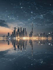 Poster - Futuristic Global Cityscape with Digital Network Overlay and Illuminated Skyline Reflected on Water at Night