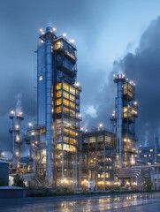 Poster - Advanced industrial facility with evening lights, modern manufacturing plant exterior at dusk