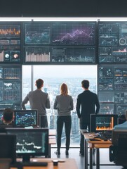 Poster - Business Team Analyzing Data on Large Screen Monitors in Modern Office
