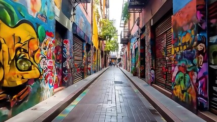 Stroll along a vivid urban alleyway, showcasing street art graffiti and the lively spirit of city creativity