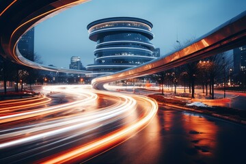 Poster - Long exposure of car lights creating streaks across a highway at dusk, with a modern, circular building and elevated walkway in the background