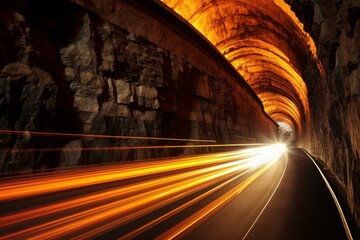 Poster - Light trails from a fast moving vehicle create a sense of speed and motion emerging from a dark rock tunnel
