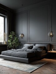 Poster - Concept photo of minimalist dark bedroom interior